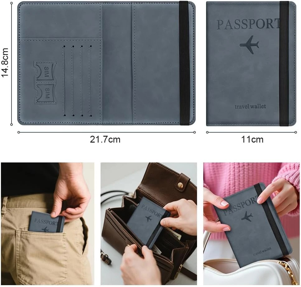 blue passport travel wallet with measurements and usage scenarios.