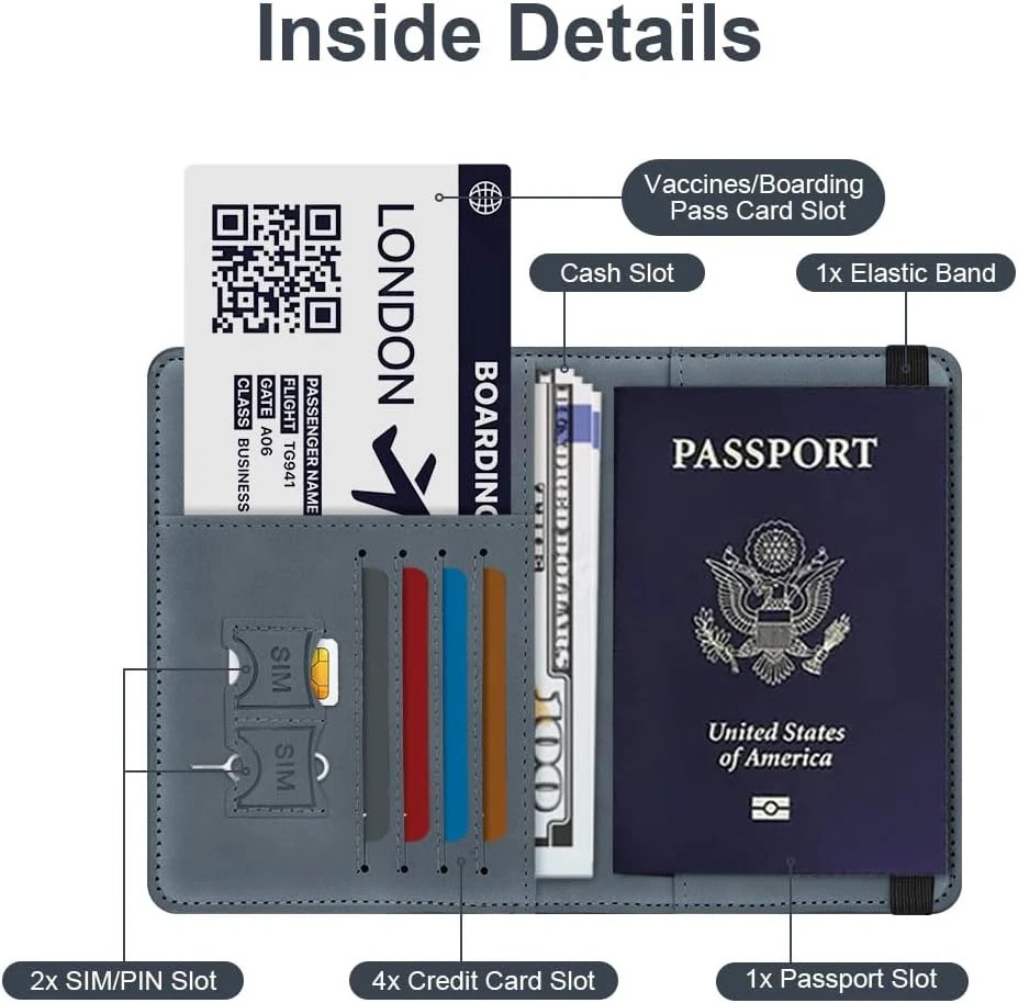 Multifunctional wallet with various card slots and a passport holder.
