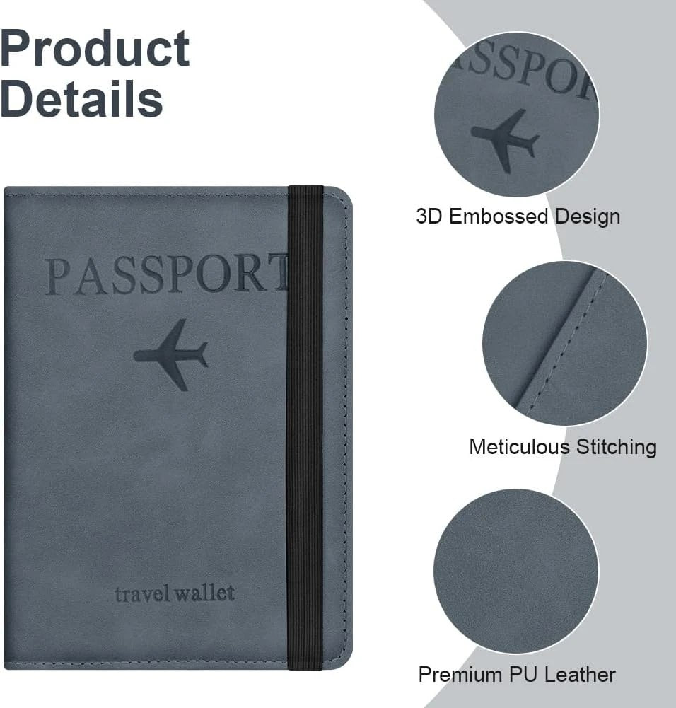 blue passport travel wallet with black accent, showing 3D embossed design, meticulous stitching, and premium PU leather details.
