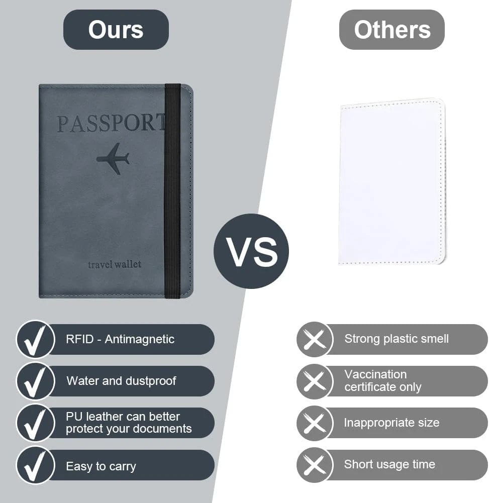Comparison chart showing features of a passport travel wallet labeled 'Ours' versus 'Others'.