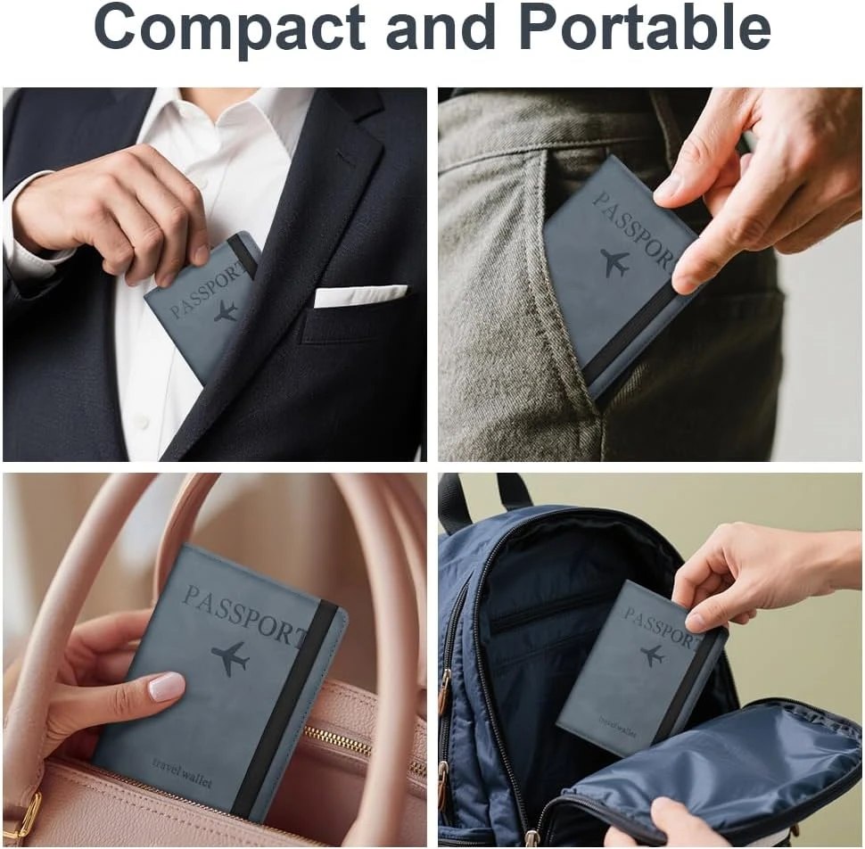 Collage of a passport holder being used in various settings to emphasize its compactness and portability.